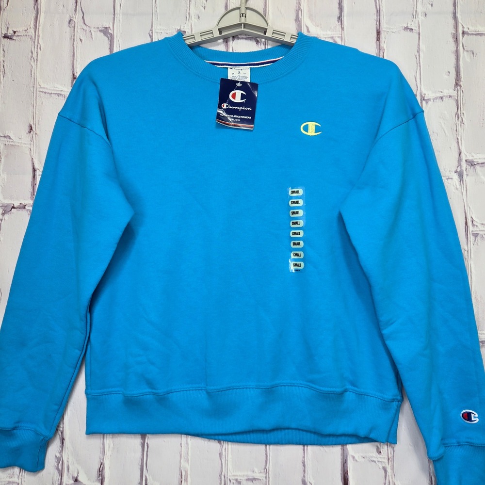Champion Powerblend Crew Sweatshirt Bright Blue Sz Small Stitched Logo Athletic